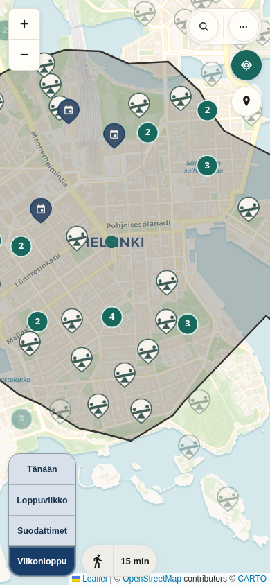 Muksukartta phone map: Helsinki playgrounds and event pins inside a walking isochrone